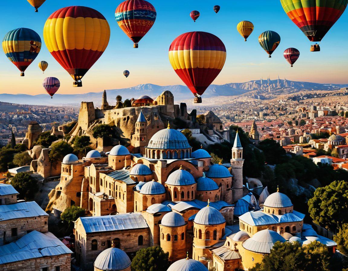 A vibrant collage showcasing Turkey's iconic landmarks like the Hagia Sophia and Cappadocia hot air balloons, intertwined with cultural elements such as traditional Turkish bazaars, dancers in folk costumes, and delicious local cuisine. The scene should convey a sense of adventure and cultural depth, with a warm, inviting color palette that represents the rich diversity of Turkey. super-realistic. vibrant colors. white background.