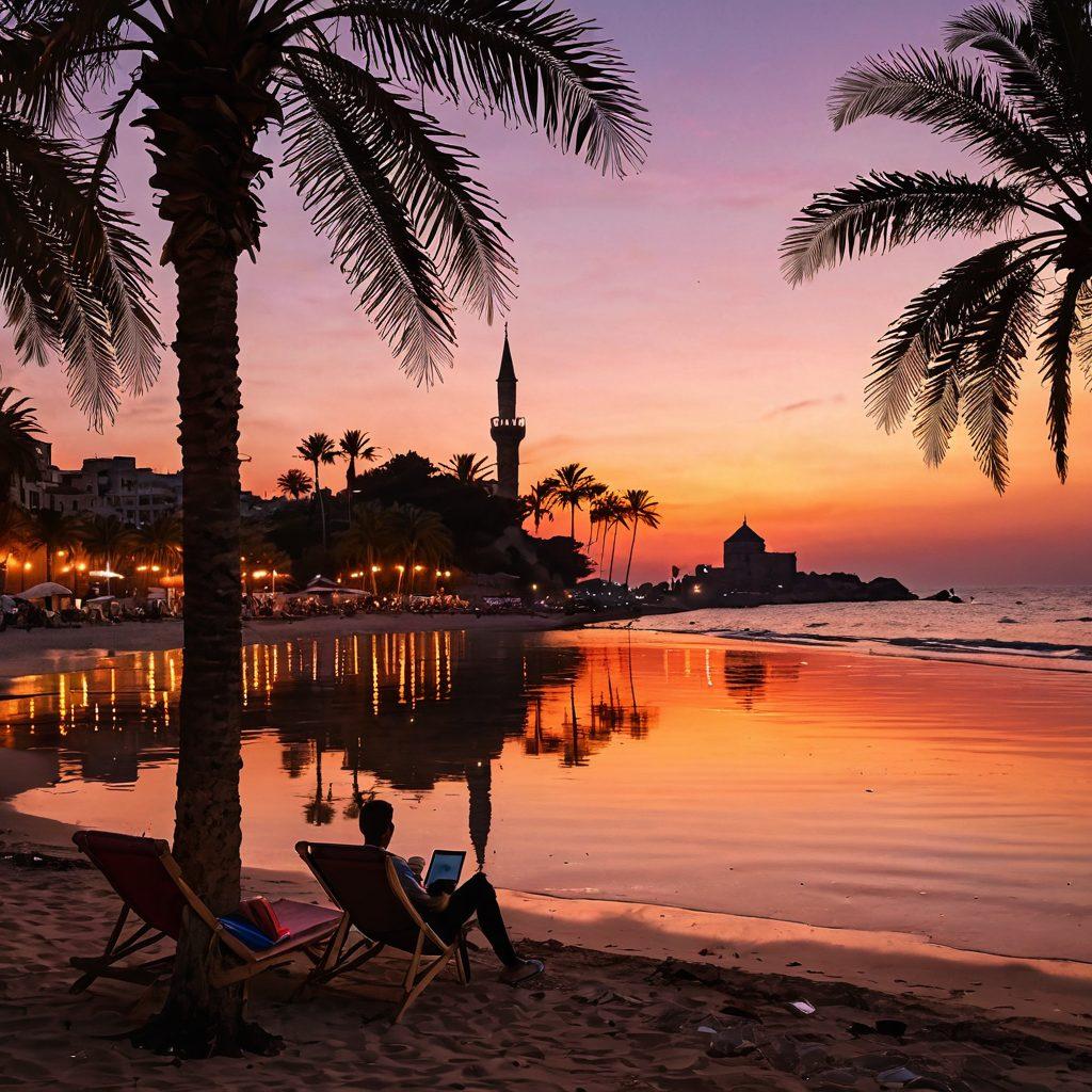 A picturesque view of a tranquil Turkish beach at sunset, with vibrant orange and pink hues reflecting on the water. In the foreground, a traveler is seen planning their holiday with a map and a drink in hand, surrounded by lush palm trees and beach umbrellas. A historic landmark, like a minaret or ancient ruins, can be faintly seen in the background, symbolizing Turkey's rich culture. The atmosphere should feel warm and inviting, evoking the excitement of vacation planning. super-realistic. vibrant colors. tropical theme.