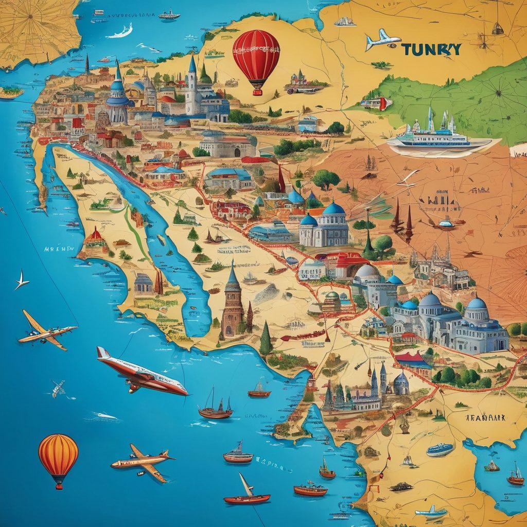 A beautifully detailed map of Turkey featuring iconic landmarks like Hagia Sophia, Cappadocia hot air balloons, and the Bosphorus Strait, with airplanes symbolizing flight paths in the background. The map is adorned with vibrant colors and folk art patterns that reflect Turkish culture. Overlay travel-related icons like suitcases and holiday itineraries. immersive and engaging design. vibrant colors. 3D.